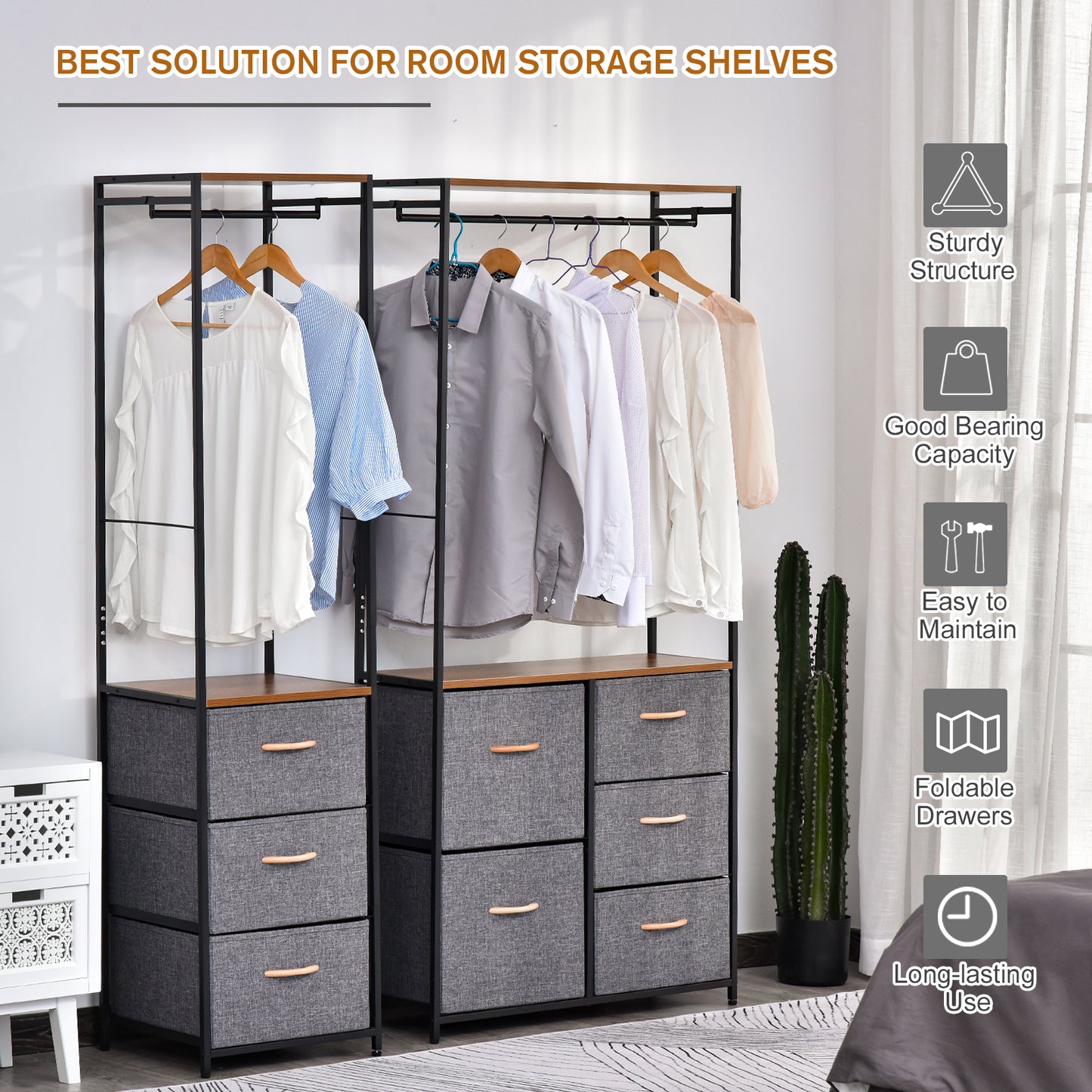 HOMCOM Chest of Drawers with Coat rack Steel Frame 5 Drawers  Bedroom Hallway Home Furniture Black Brown