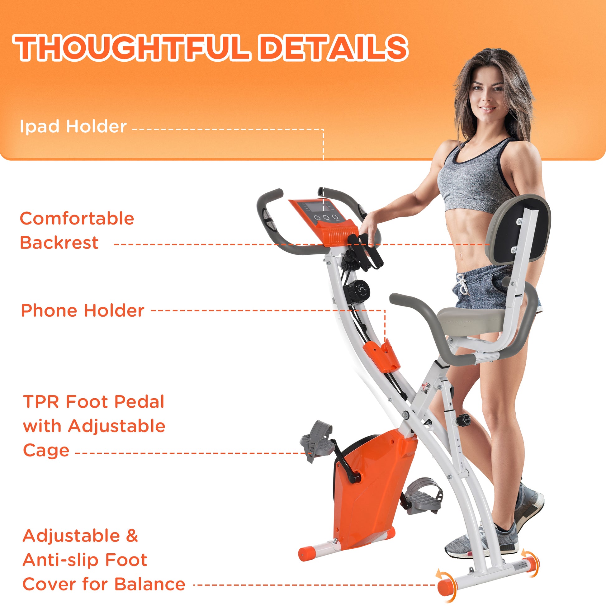 HOMCOM 2-in-1 Upright  Exercise Bike Stationary Foldable Magnetic Recumbent Cycling with Arm Resistance Bands Orange