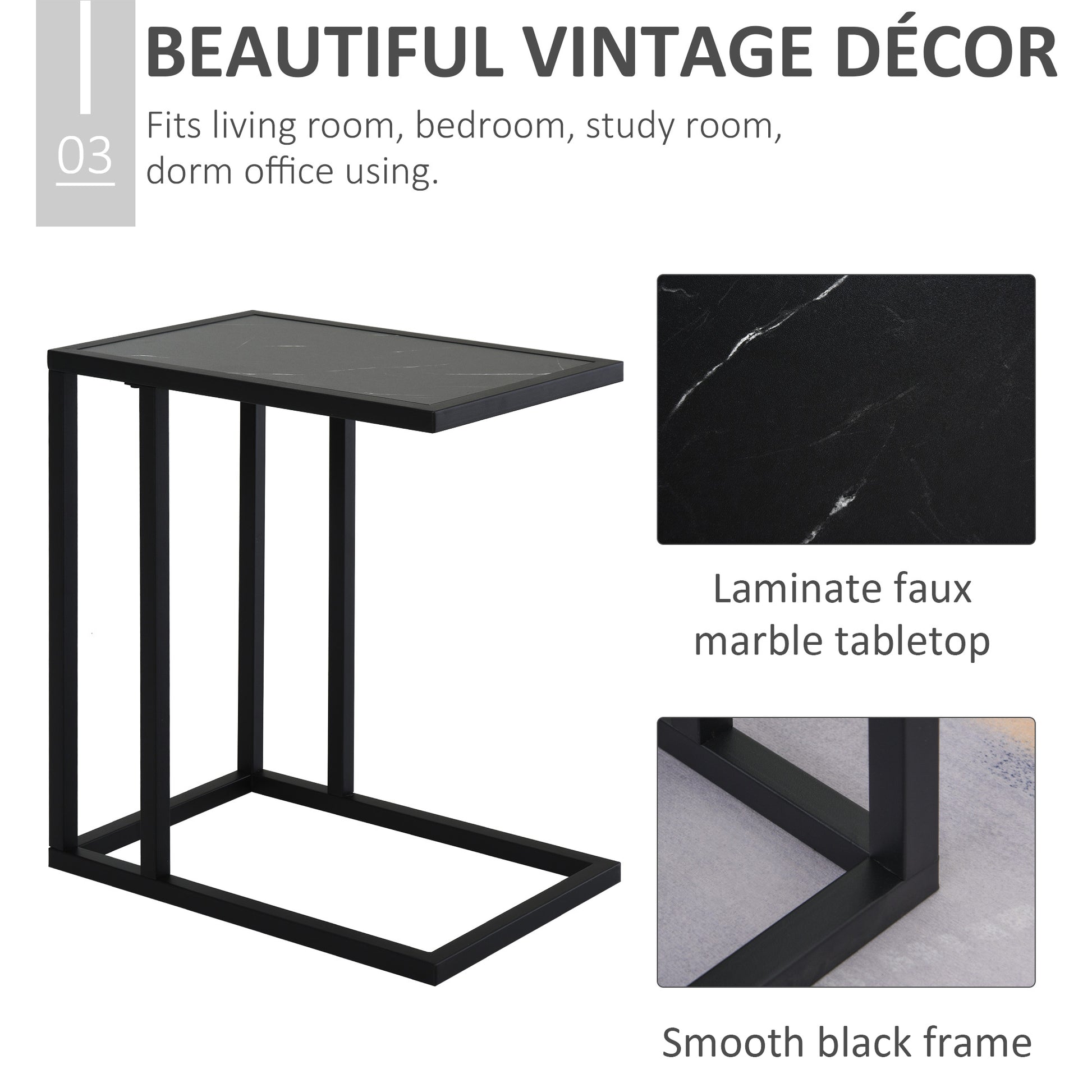 HOMCOM C Shape Side Table Marble-Effect Top w/ Metal Frame Space-Saving Home Furniture Bedroom Living Room Office Corner Desk Black White