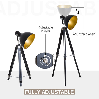 HOMCOM Studio Floor Lamp,Tripod Spotlight Lamp with Wood Legs, Ø 30 cm Lampshade and Max. 40W, 152cm Floor Lamp, Metal, Black and Gold