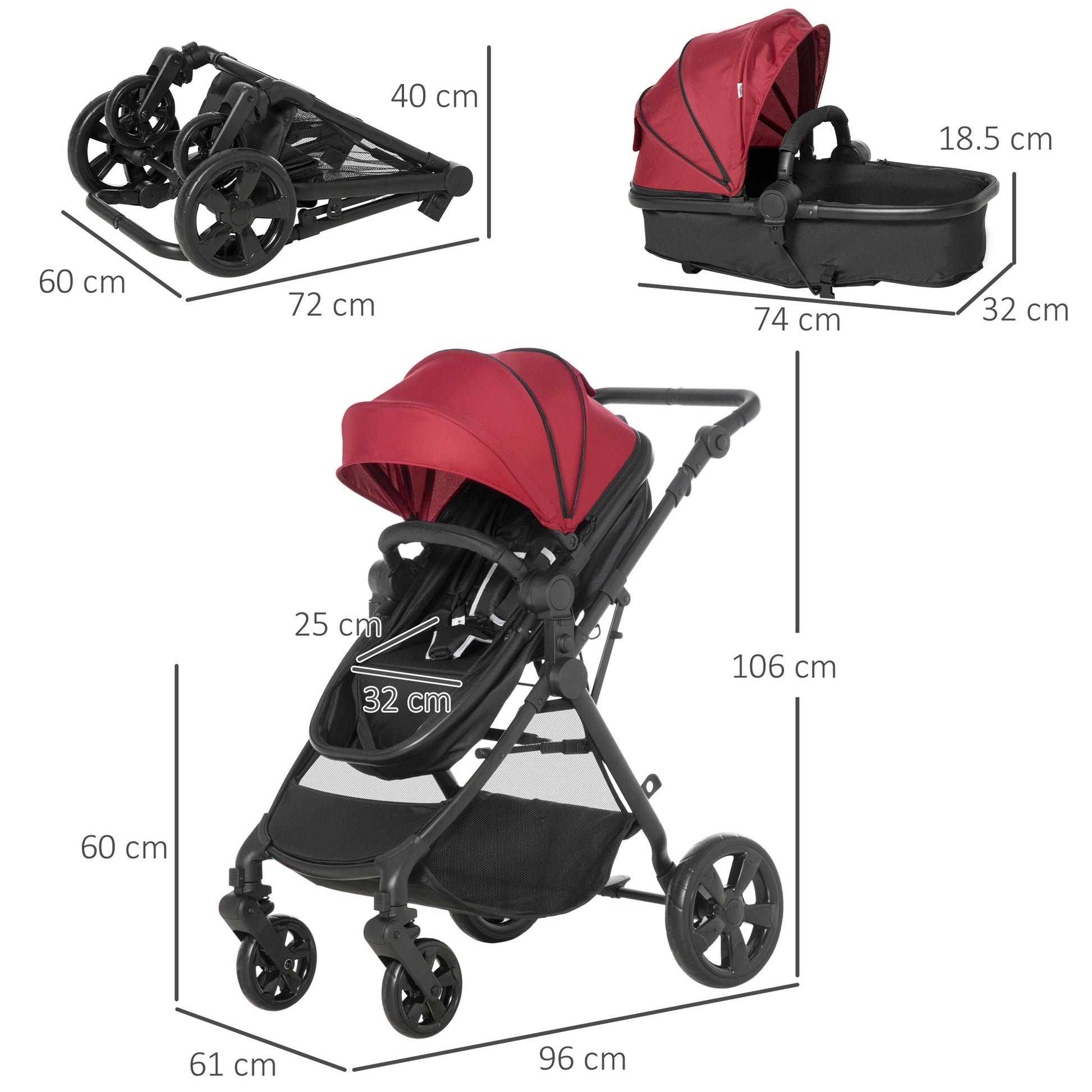 HOMCOM 2 in 1 Lightweight Pushchair w/ Reversible Seat, Foldable Travel Baby Stroller w/ Fully Reclining From Birth to 3 Years, 5-point Harness Red