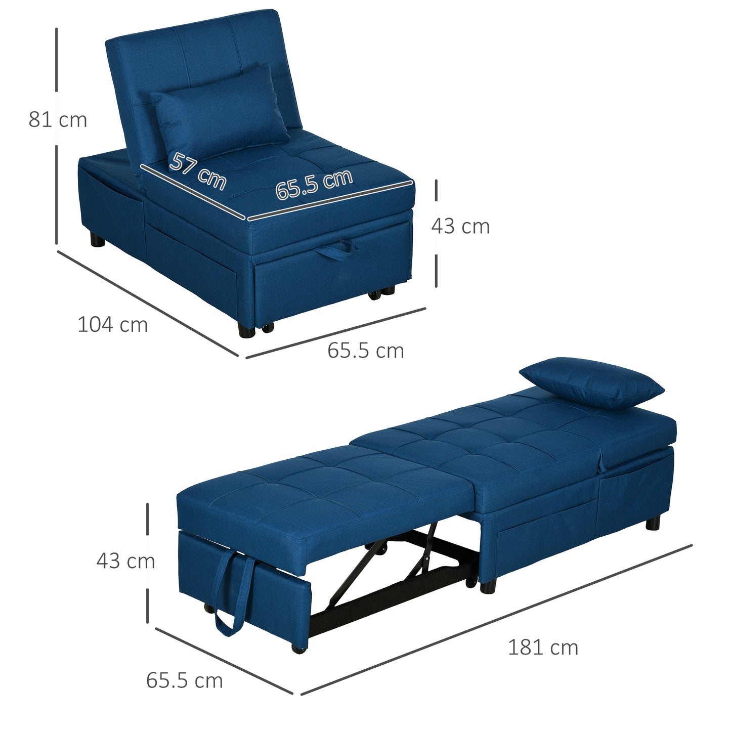 HOMCOM Convertible Chair Bed w/ Padding Seat, 3-in-1 Multi-Functional Sleeper Chair Bed, Recliner w/ Adjustable Backrest, Wheels and Pillow, Blue