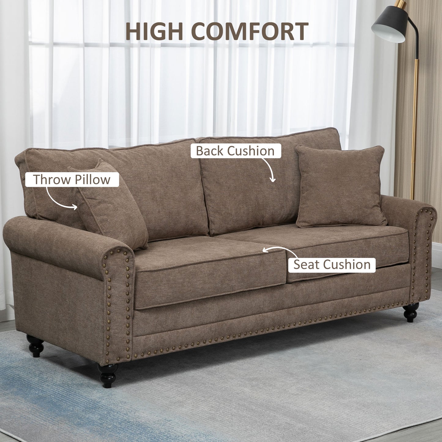 HOMCOM 2 Seater Sofas for Living Room, Fabric Sofa with Nailhead Trim, Loveseat with Cushions and Throw Pillows, Brown