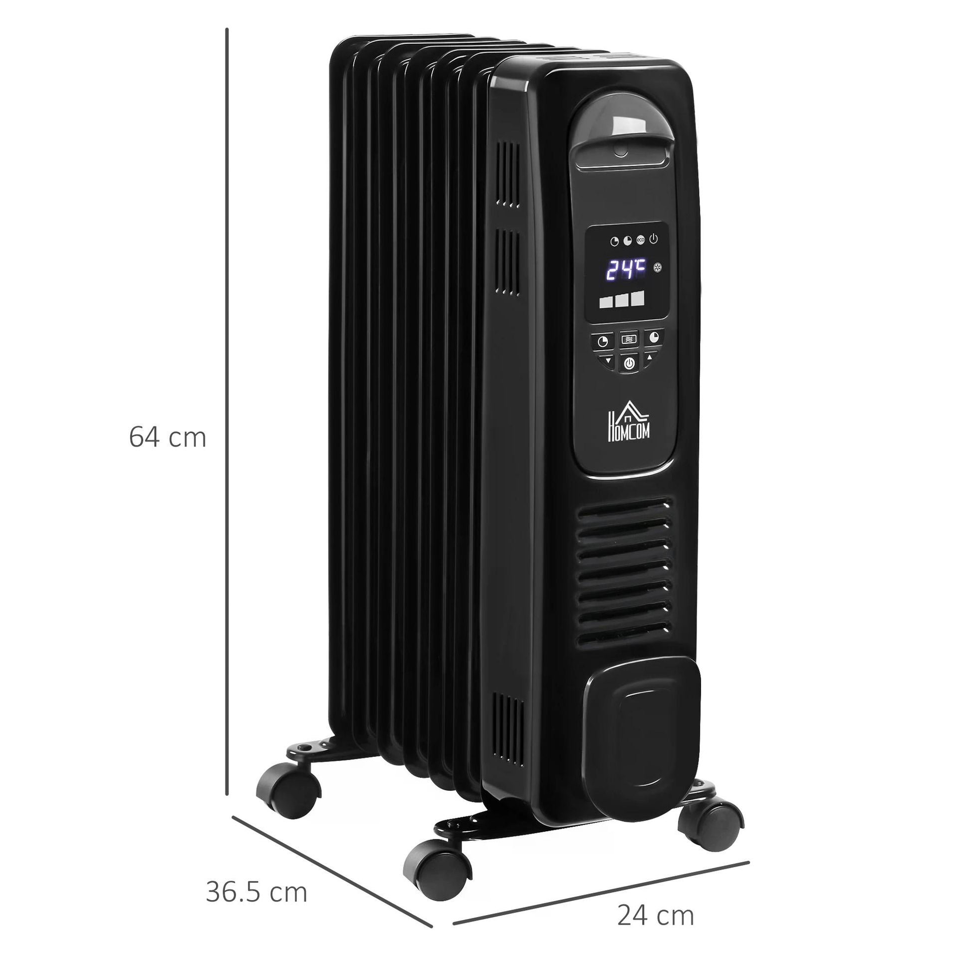 HOMCOM 1630W Digital Oil Filled Radiator, 7 Fin, Portable Electric Heater with LED Display, Built-in Timer, 3 Heat Settings, Remote Control, Black