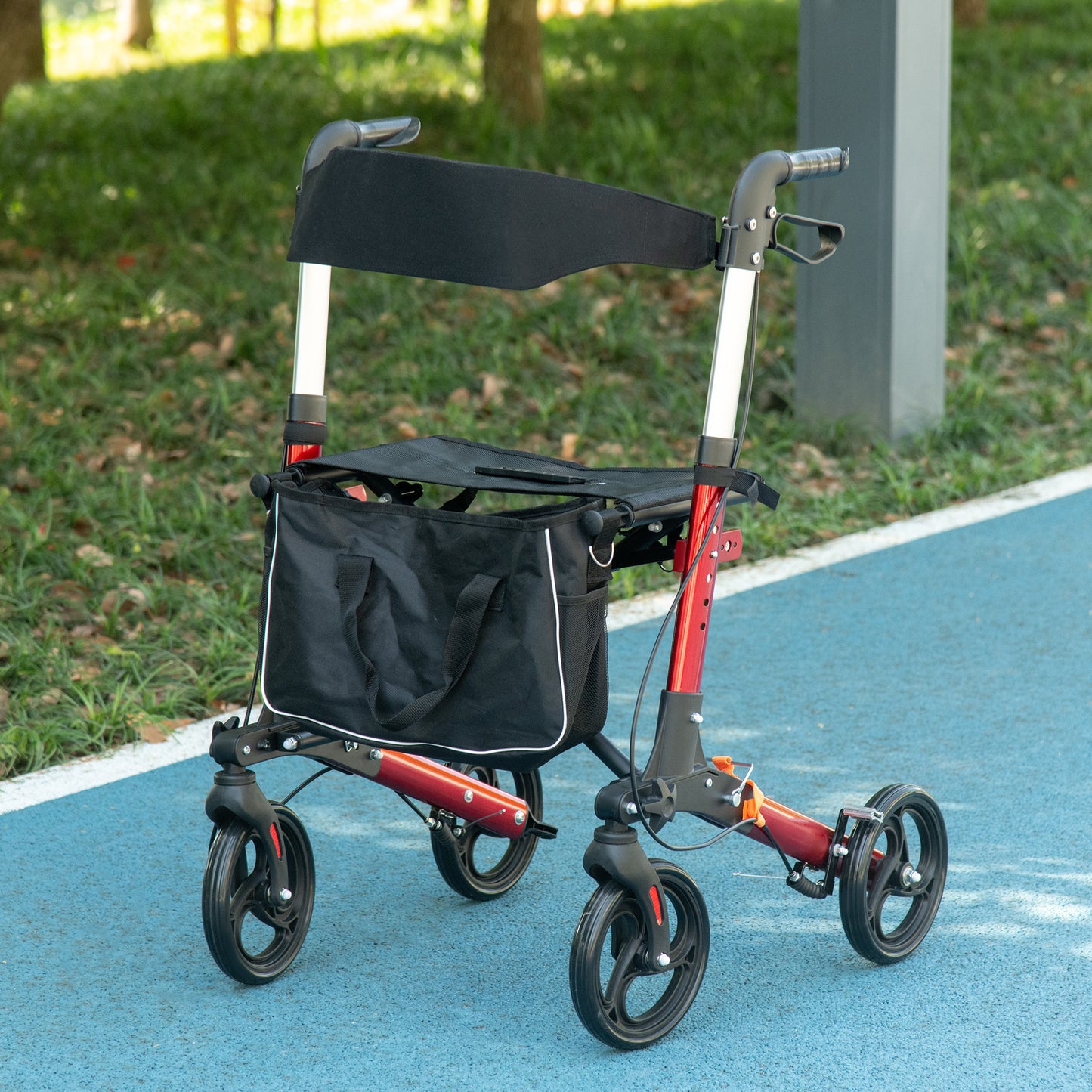 HOMCOM Folding Rollator Walker w/ Seat & Backrest, Lightweight Walking Frame w/ Adjustable Handle Height, 4 Wheeled Walker, Red