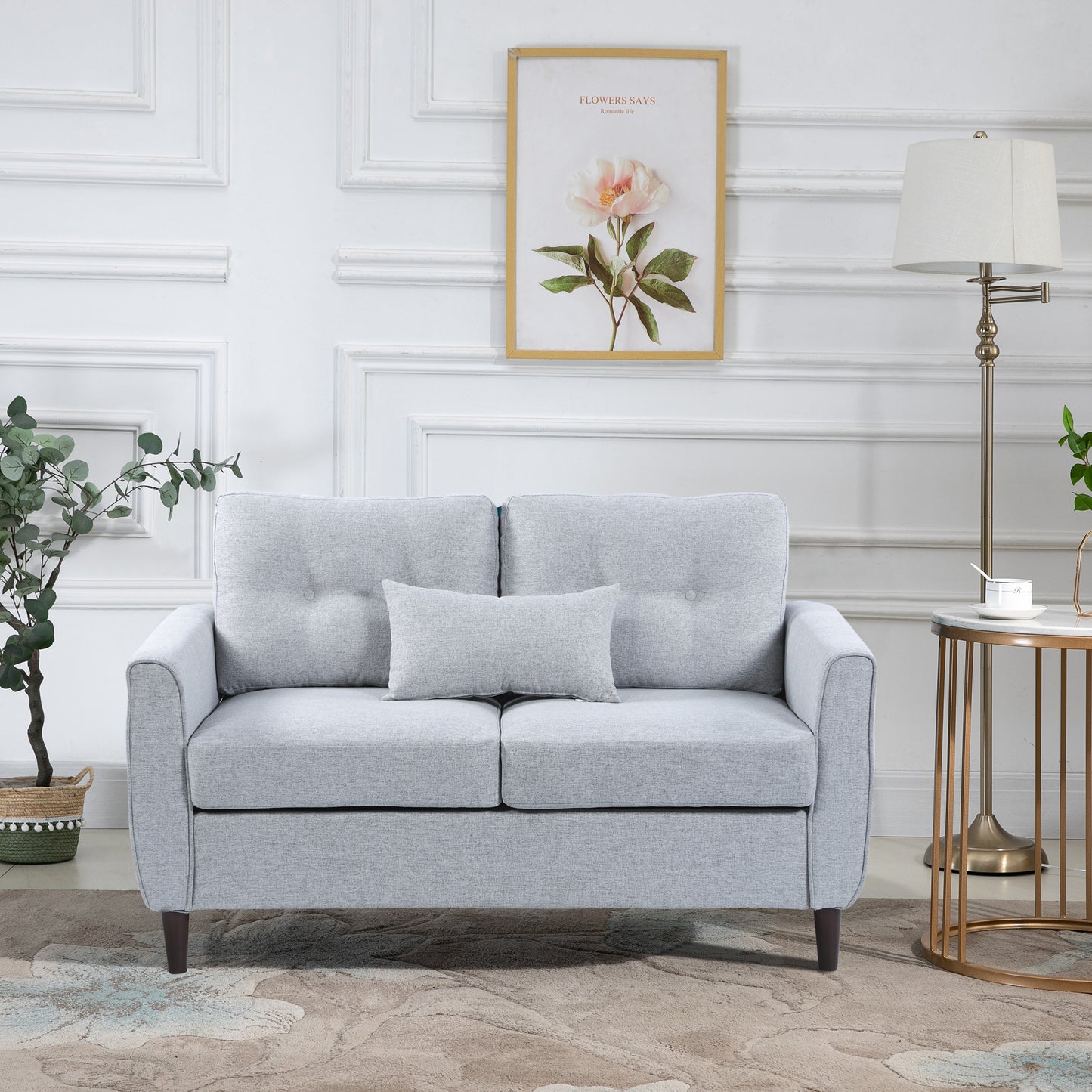 HOMCOM 2 Seat Sofa Double Sofa Loveseat Fabric Wooden Legs Tufted Design for Living Room, Dining Room, Office, Light Grey