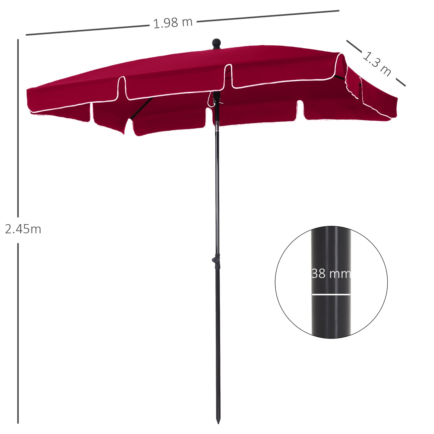 Outsunny Red Rectangular Garden Parasol Aluminium Sun Umbrella Patio Garden Tilt 2M x 1.25M