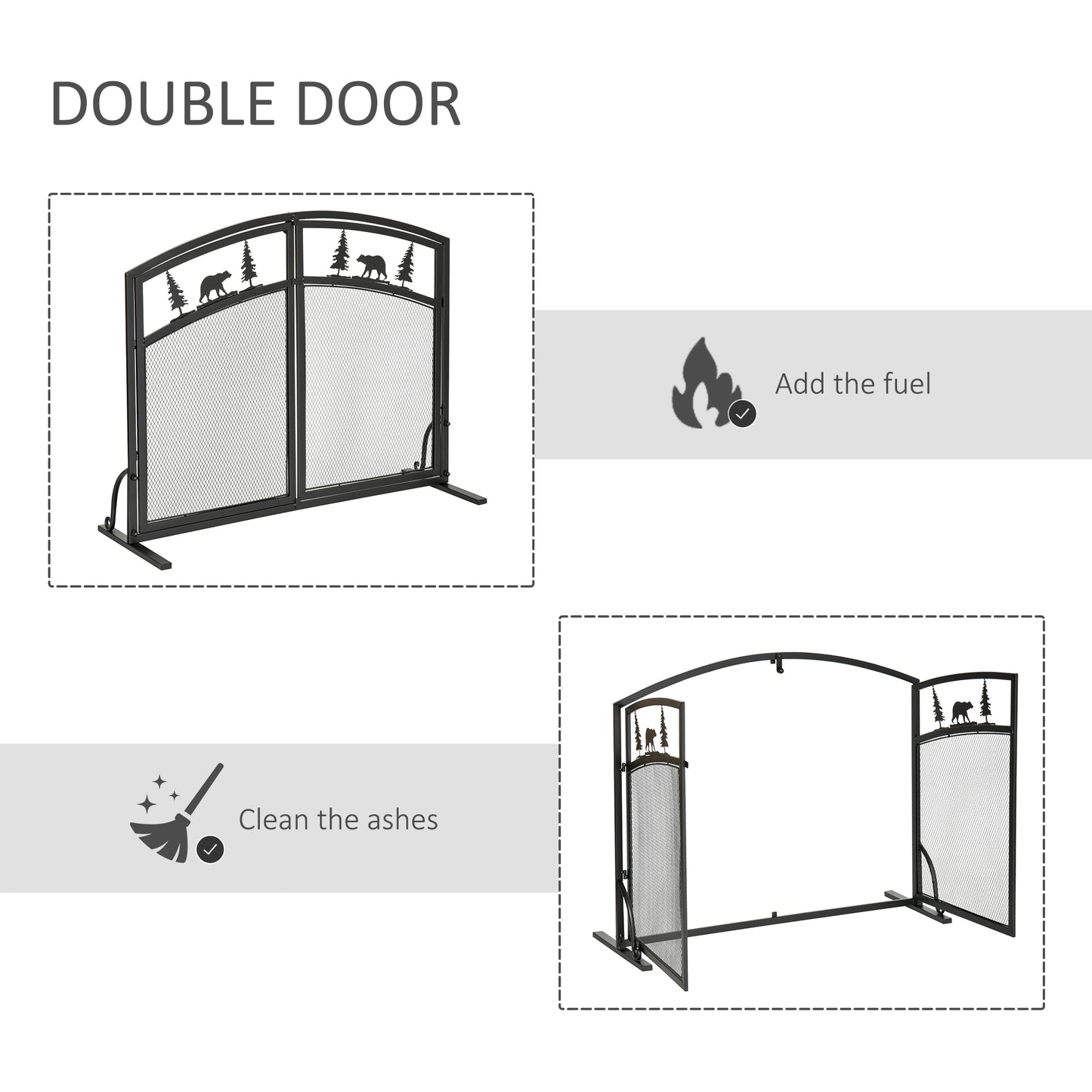 HOMCOM Fire Guard with Double Doors, Metal Mesh Fireplace Screen, Spark Flame Barrier with Tree Decoration for Living Room, Bedroom Decor