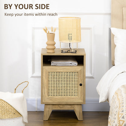 HOMCOM Bedside Table with Rattan Element, Side End Table with Shelf and Cupboard, 39cmx35cmx60cm, Natural