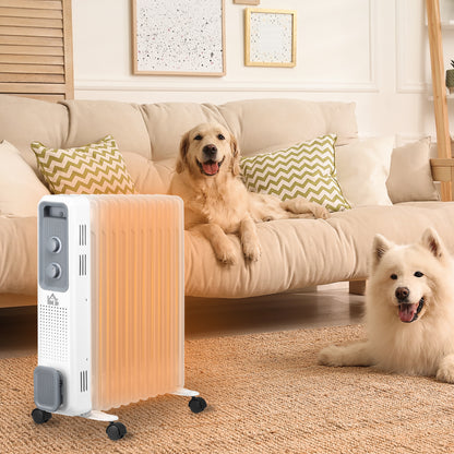 HOMCOM 2720W Oil Filled Radiator, Portable Electric Heater w/ 3 Heat Settings, Adjustable Thermostat, Safe Power-Off, 11 Fins