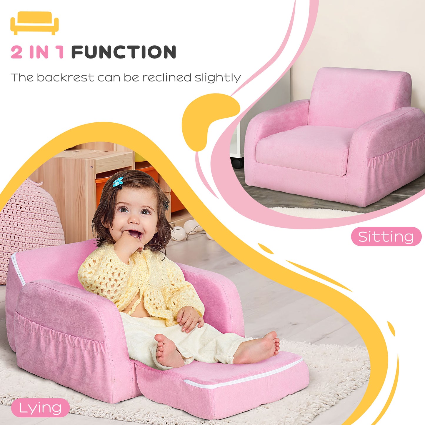 HOMCOM 2 In 1 Kids Armchair Sofa Bed Fold Out Padded Wood Frame Bedroom, Pink