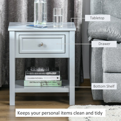 HOMCOM Bedside End Table Nightstand w/ Drawer Open Shelf Table Top Metal Handle Classic Home Stylish Furniture Grey