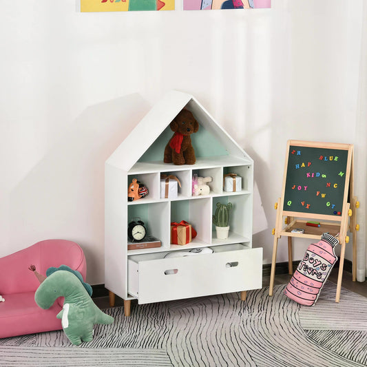 HOMCOM Kids Bookshelf Chest w/ Drawer Cubes Baby Toy Wood Organizer Display Stand Storage Cabinet 82x30x126cm White