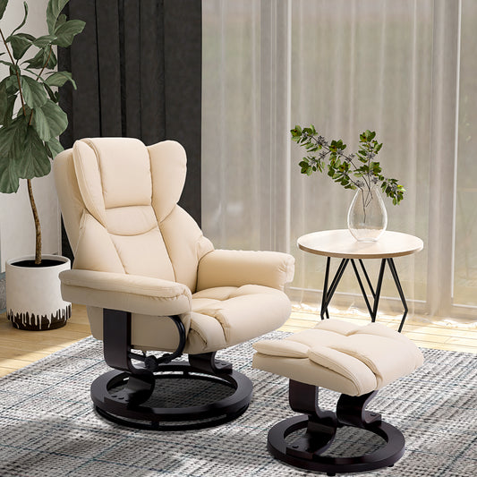 HOMCOM Reclining Swivel Armchair Footstool Set Sofa Padded PU Leather Relaxing Manual Duo Metal Frame Bentwood Base Cream