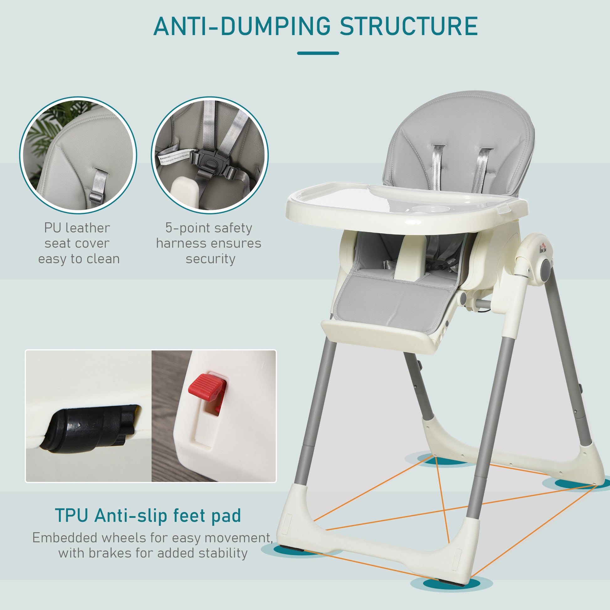 HOMCOM Foldable Baby High Chair Convertible to Toddler Chair Height Adjustable with Removable Tray 5-Point Harness Mobile with Wheels Grey