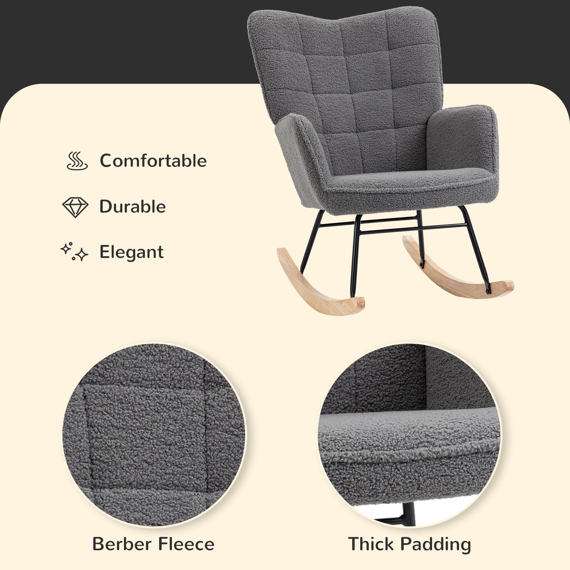 HOMCOM Wingback Rocking Chair for Nursing, Berber Fleece Nursery Glider Rocker, Modern Armchair for Living Room, Dark Grey