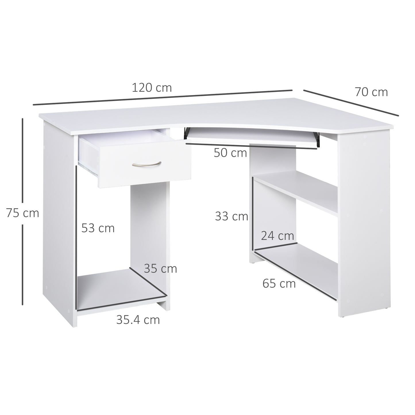 HOMCOM L-Shaped Corner Computer Desk w/ 2 Shelves Wide Worktop Keyboard Tray Drawer & CPU Stand Home Office Study Bedroom Furniture White