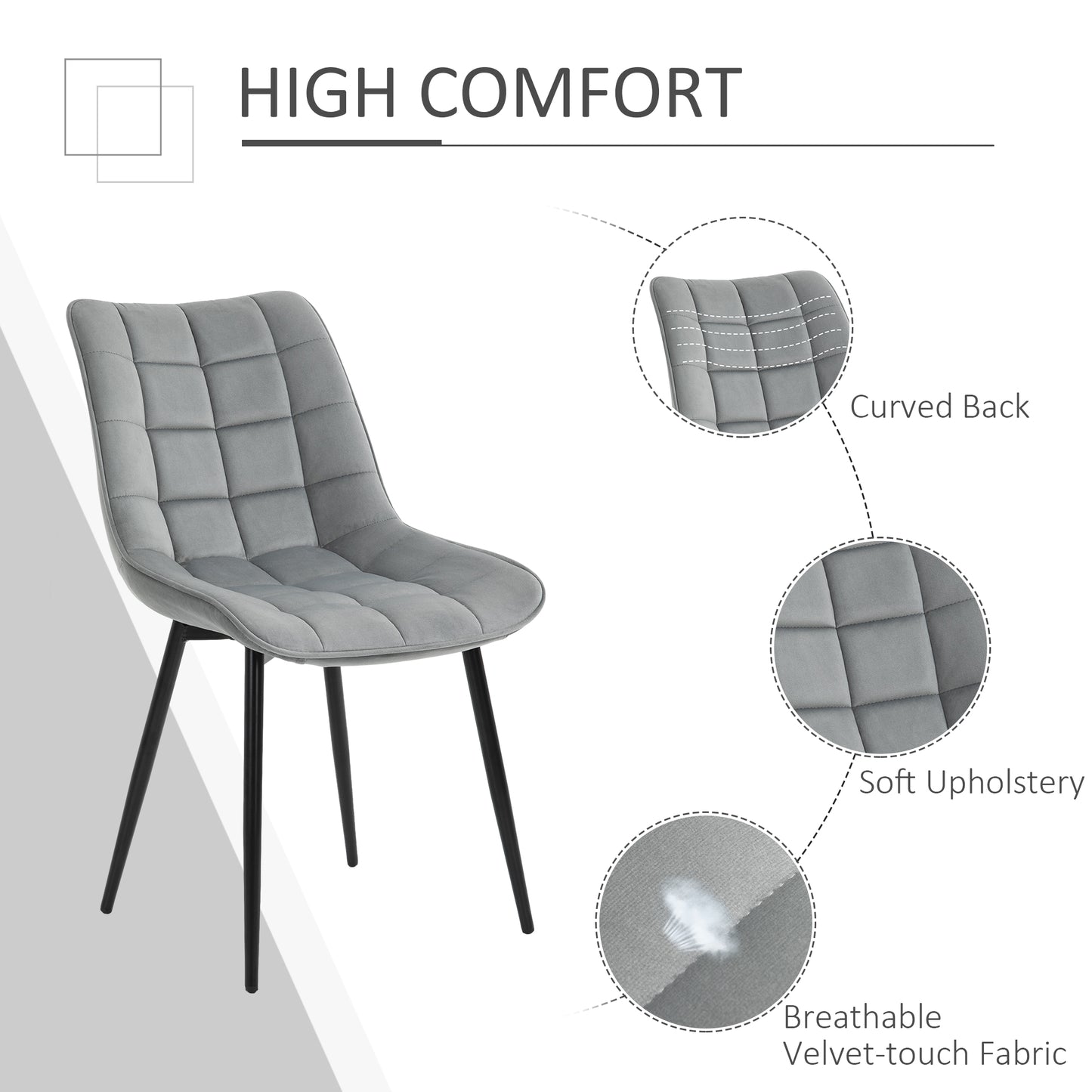 HOMCOM Upholstered Dining Chair Lounge Chair Soft Set of 2 Velvet-Touch Kitchen Reception Living Room Chair with Metal Legs, Grey