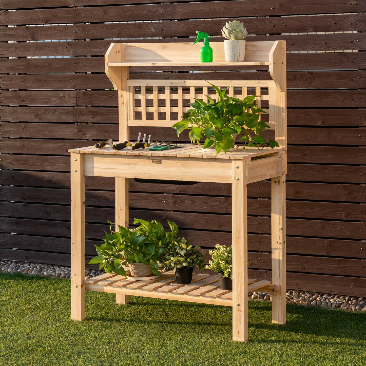 Wood Garden Work Bench with Removable Bowl & Sliding Tabletop