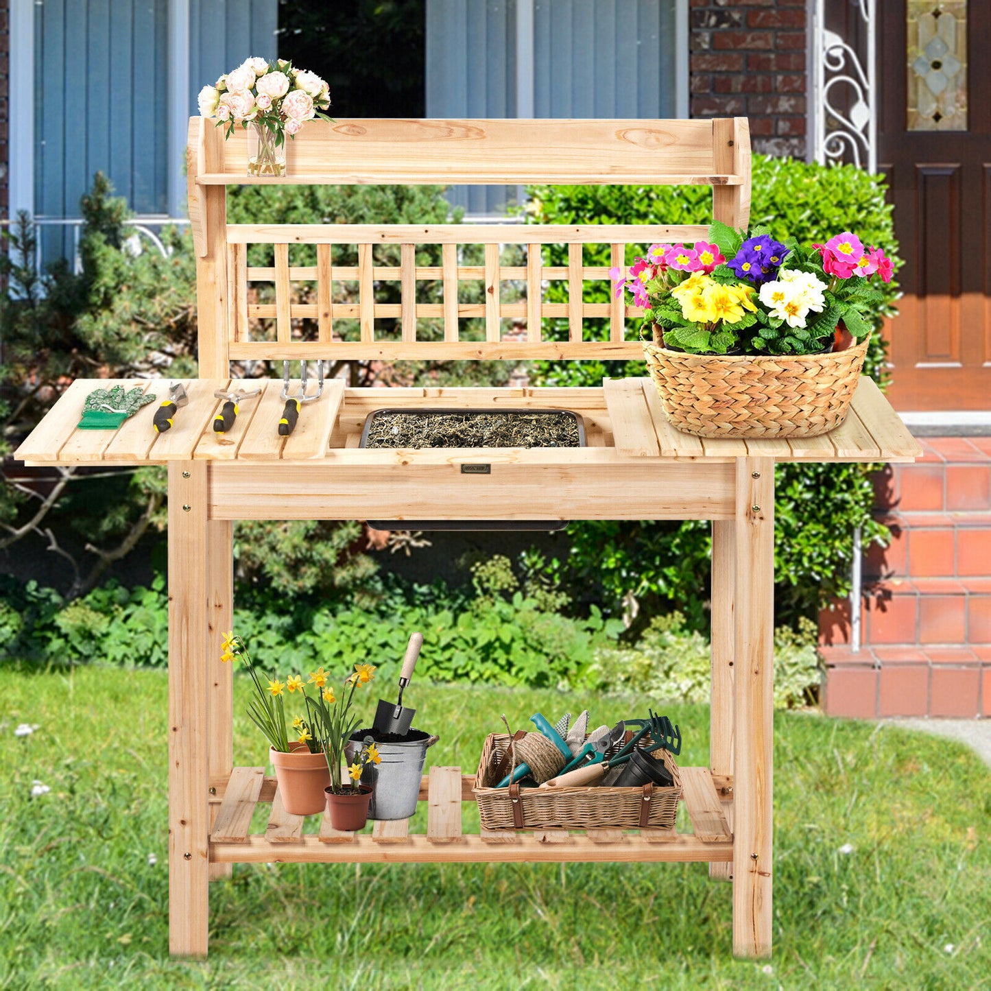 Wood Garden Work Bench with Removable Bowl & Sliding Tabletop