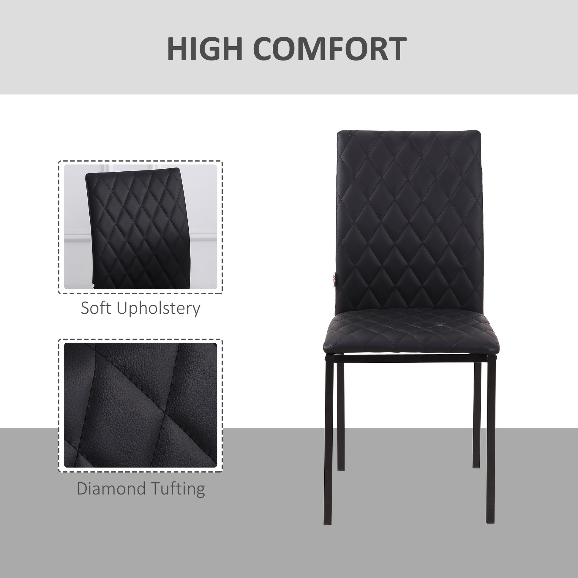 HOMCOM Modern Dining Chairs Upholstered Faux Leather Accent Chairs with Metal Legs for Kitchen, Set of 4, Black