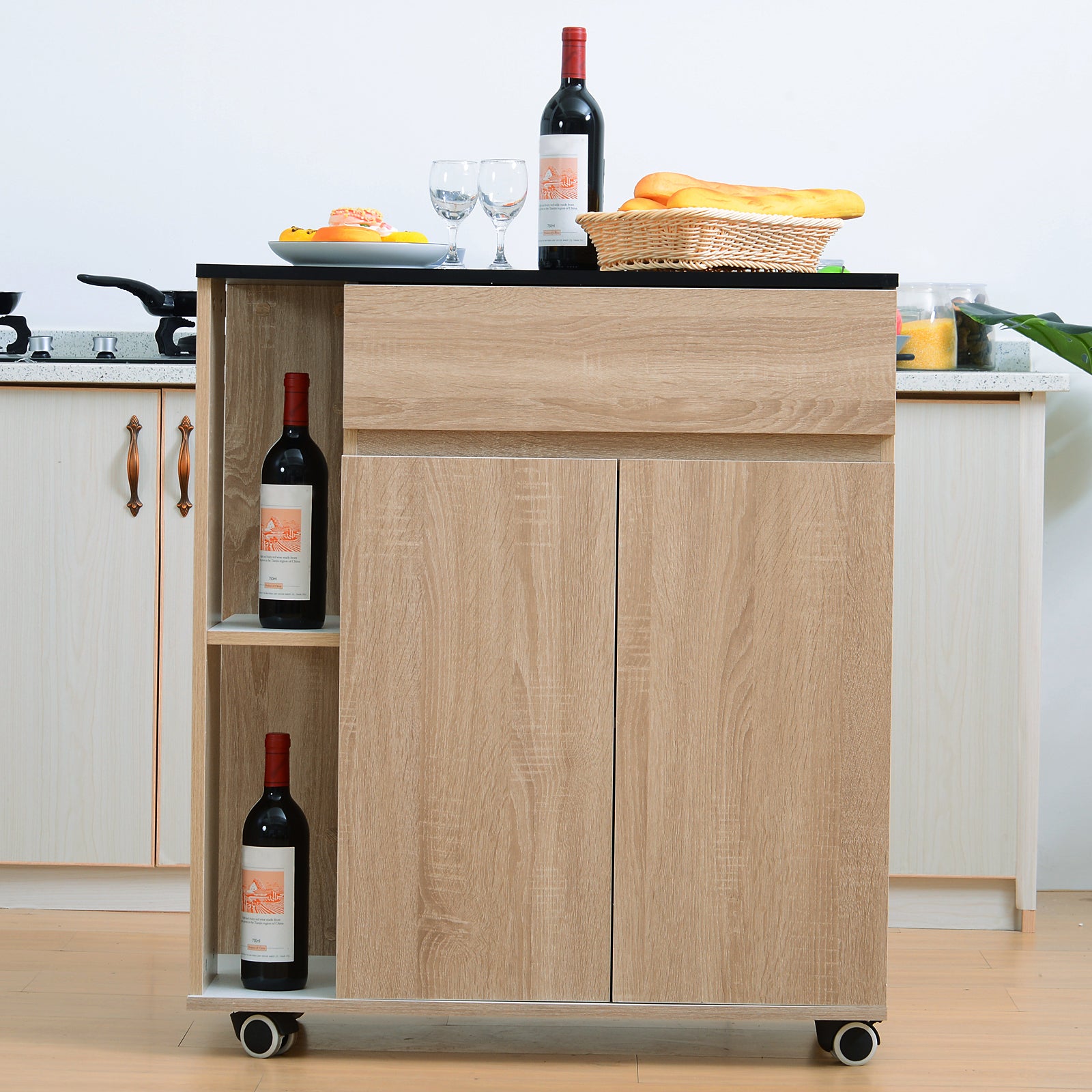 HOMCOM Kitchen Storage Trolley Cart Cupboard Rolling Island Shelves Cabinet With Door and Drawer Locking Wheels