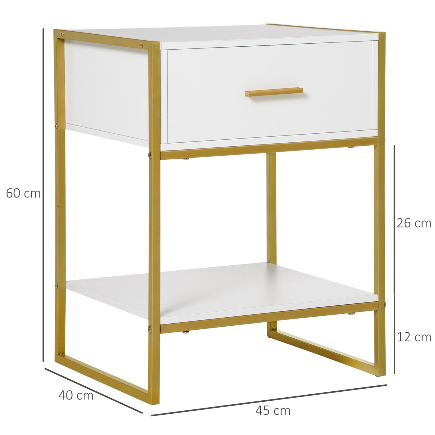 HOMCOM Modern Bedside Table, Bedside Cabinet with Drawer Shelf, Storage Organizer for Bedroom, Living Room, White and Gold