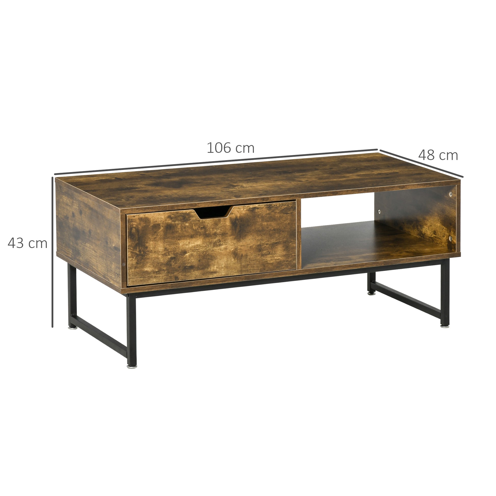 HOMCOM Industrial Coffee table Wooden End Table with Shortage Shelf and Drawer Modern Sofa Table Metal Frame, Rustic Brown 106W x 48D x 43H cm