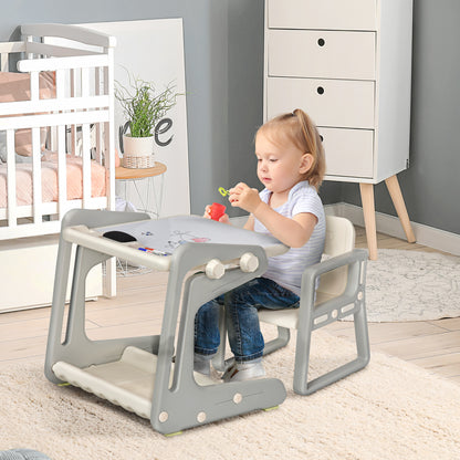 HOMCOM Kids Study Table and Chair Set 2-In-1 Design Drawing Board Writing Desk with Whiteboard Pens Eraser Storage Tray Toddlers Grey/White