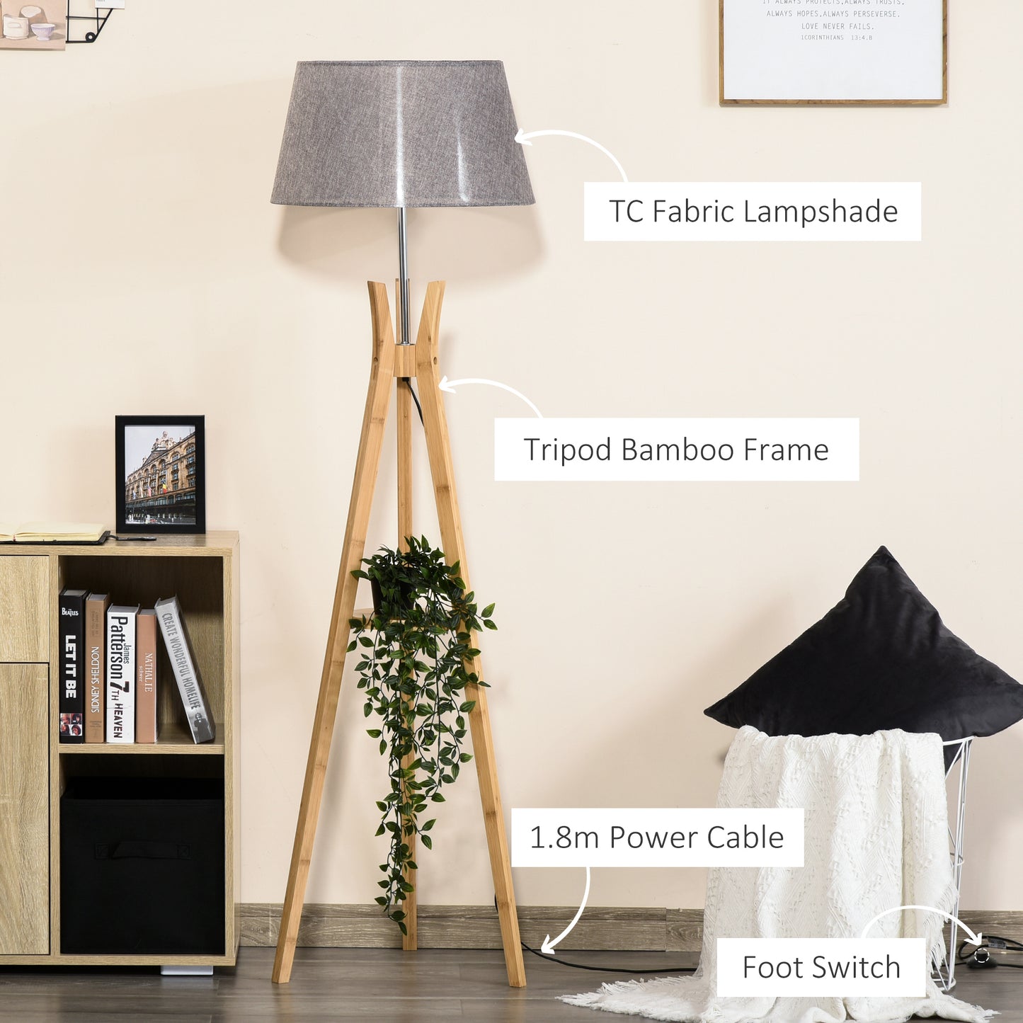 HOMCOM Natural Wood Tripod Floor Lamp Light E27 Base Bedroom Living Room Fabric Shade Storage Shelf Foot Switch, 156cm, Grey