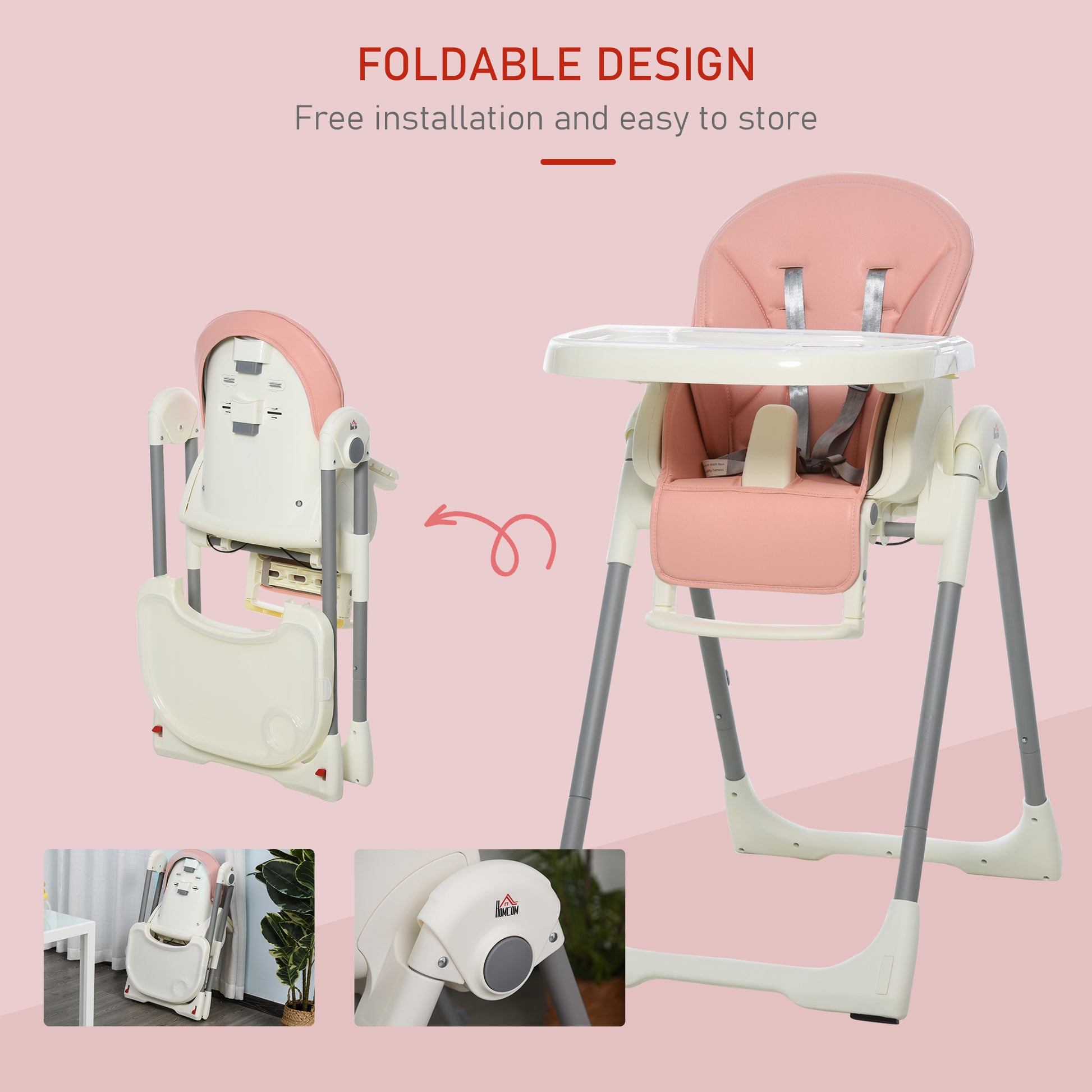 HOMCOM Foldable Baby High Chair Convertible to Toddler Chair Height Adjustable with Removable Tray 5-Point Harness Mobile with Wheels Pink