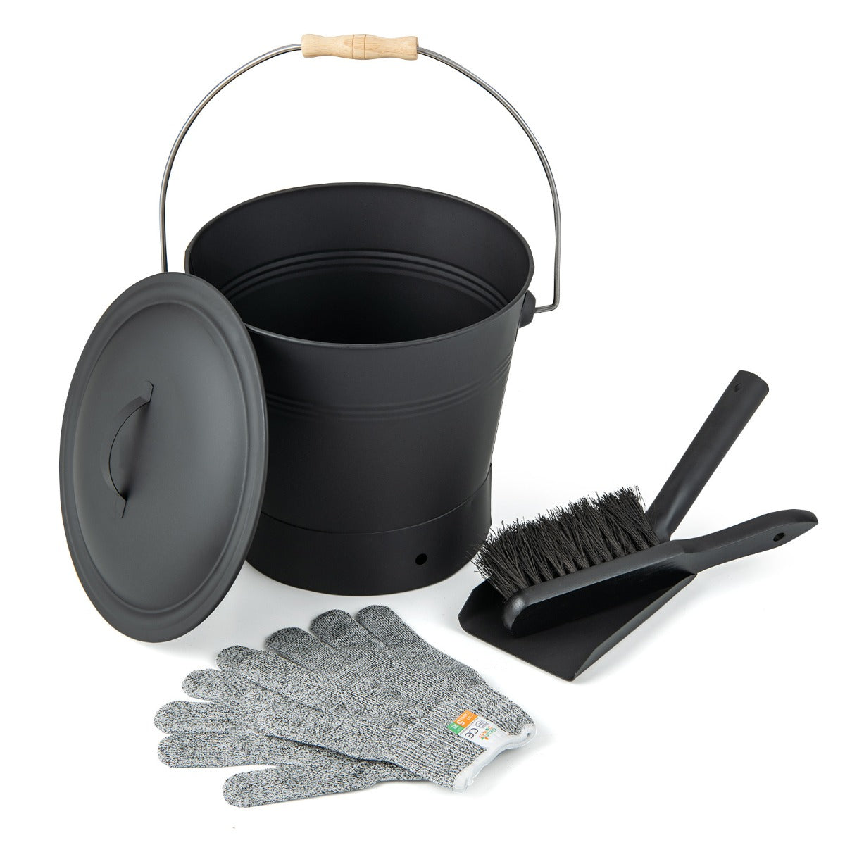 Ash Bucket with Lid and Cut-resistant Gloves for Fireplace Fire Pits Wood Burning Stoves-Black