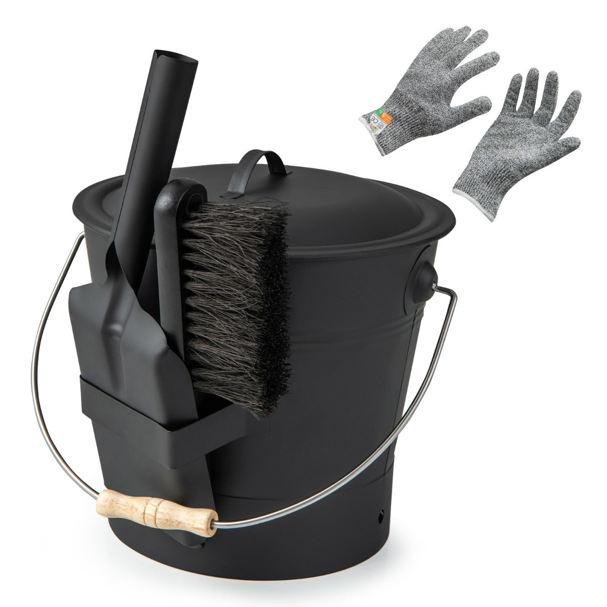 Ash Bucket with Lid and Cut-resistant Gloves for Fireplace Fire Pits Wood Burning Stoves-Black