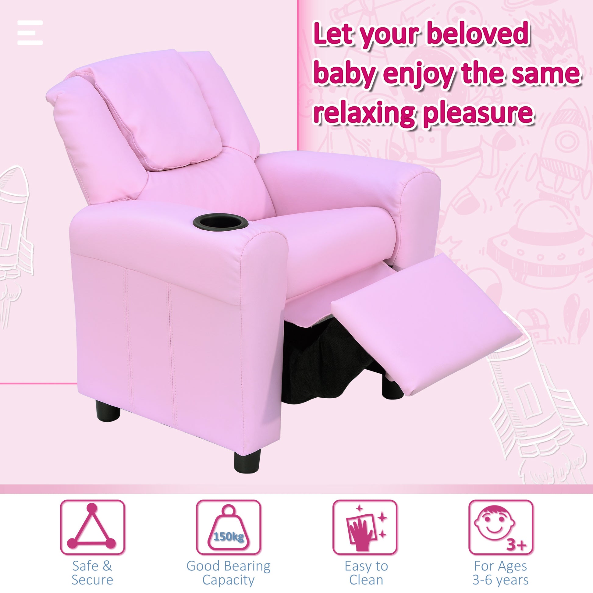 HOMCOM Children Recliner Armchair W/ Cup Holder-Pink