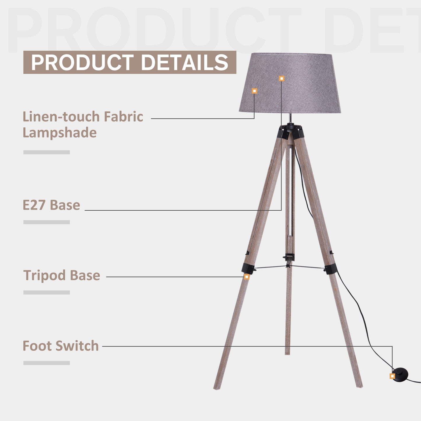 HOMCOM Wooden Adjustable Tripod Free Standing Floor Lamp  Bedside Light E27 Bulb Compatible