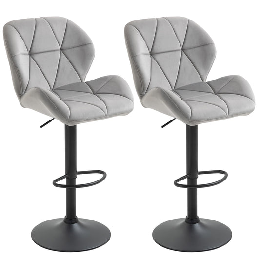 HOMCOM Bar Stool Set of 2 Fabric Adjustable Height Armless Upholstered Counter Chairs with Swivel Seat, Light Grey