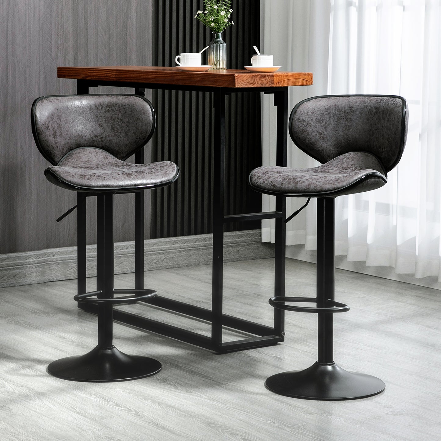 HOMCOM Bar Stool Set of 2 Microfiber Cloth Adjustable Height Armless Chairs with Swivel Seat, Dark Grey