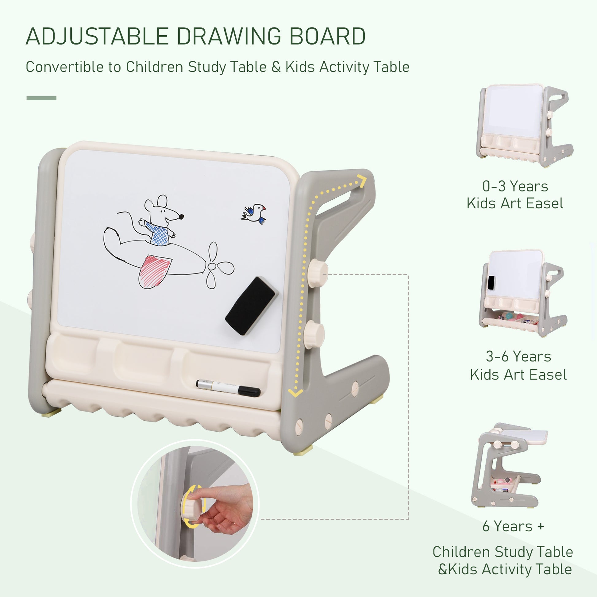 HOMCOM Kids Study Table and Chair Set 2-In-1 Design Drawing Board Writing Desk with Whiteboard Pens Eraser Storage Tray Toddlers Grey/White