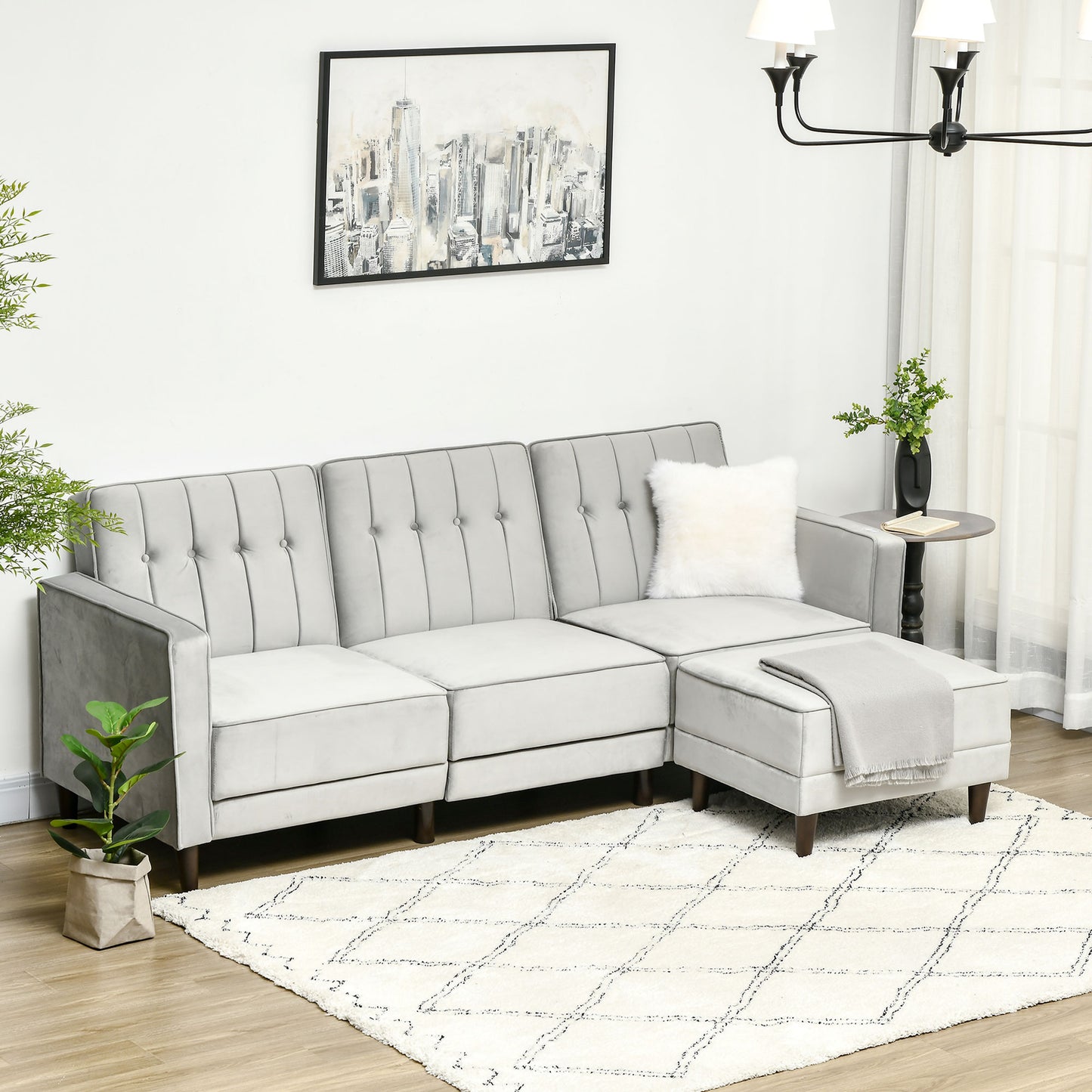 HOMCOM L Shape Sofa Bed Set with 3-Seater Sofa and Footstool, Corner Sofa Bed with Ottoman, Light Grey