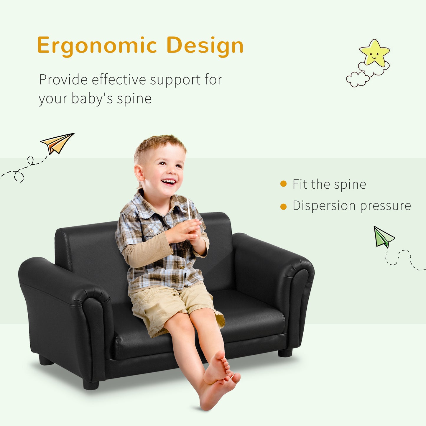 HOMCOM 2 Seater Toddler Chair Kids Twin Sofa Childrens Double Seat Chair Furniture Armchair Boys Girls Couch w/ Footstool (Black)