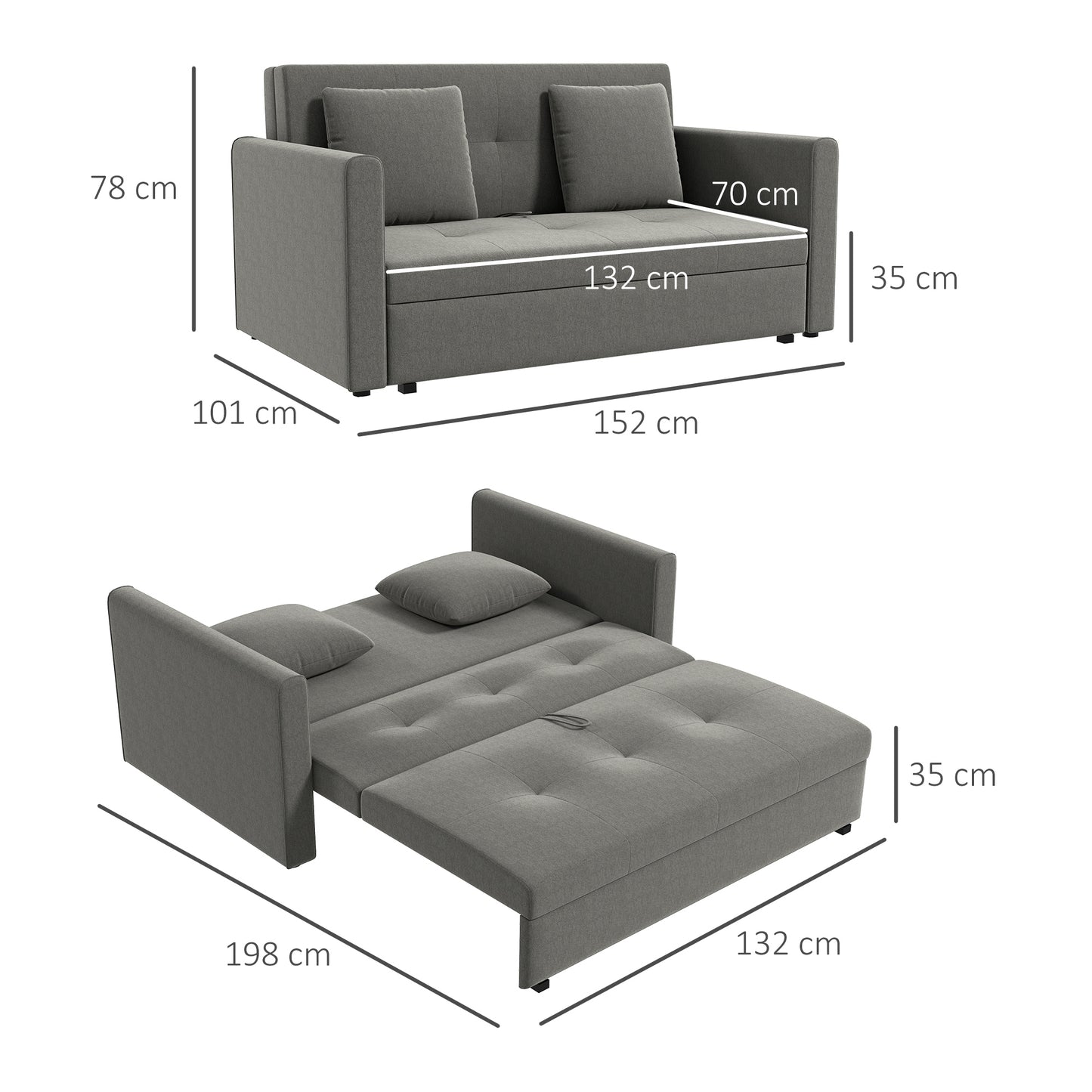 HOMCOM 2 Seater Sofa Bed, Convertible Bed Settee, Modern Fabric Loveseat Sofa Couch w/ Cushions, Hidden Storage for Guest Room, Light Grey