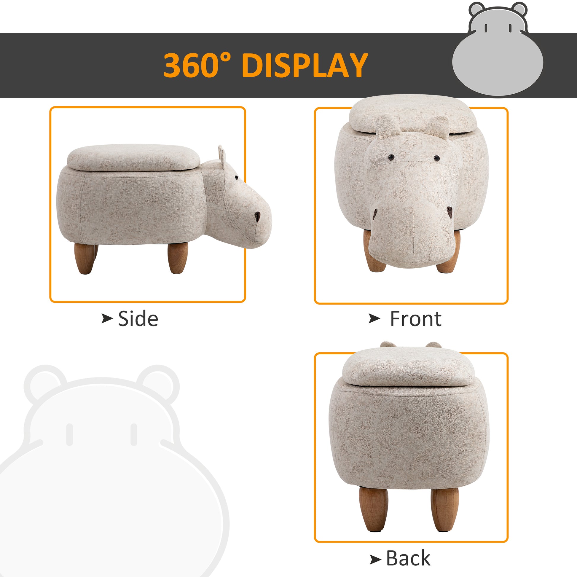 HOMCOM Hippo Storage Stool Cute Decoration Footrest Wood Frame Legs with Padding Lid Ottoman Animal Furniture Cream 36 x 65cm