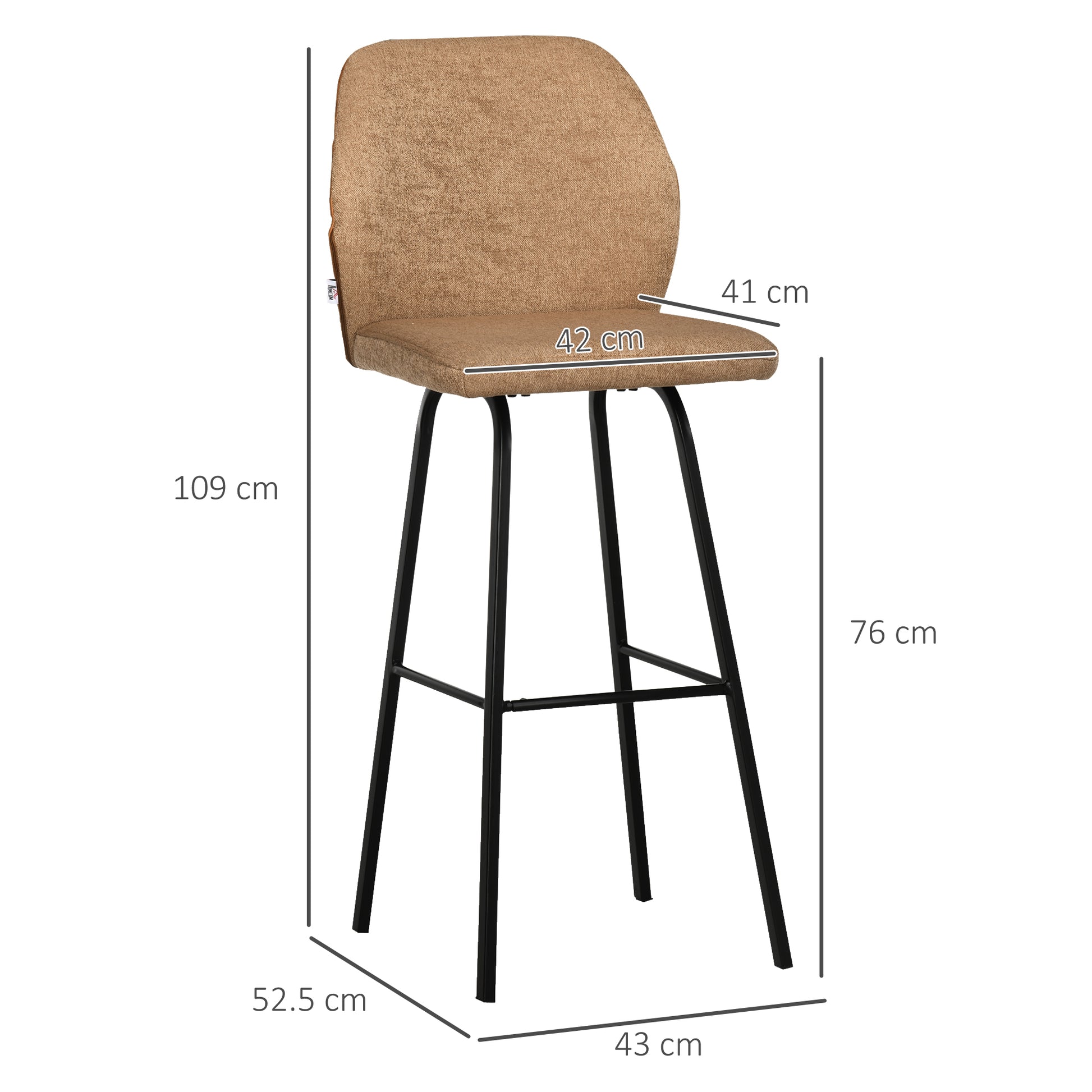 HOMCOM Bar Stools Set of 2, Linen-Touch Upholstered Bar Chairs, Kitchen Stools with Backs and Steel Legs, Light Brown