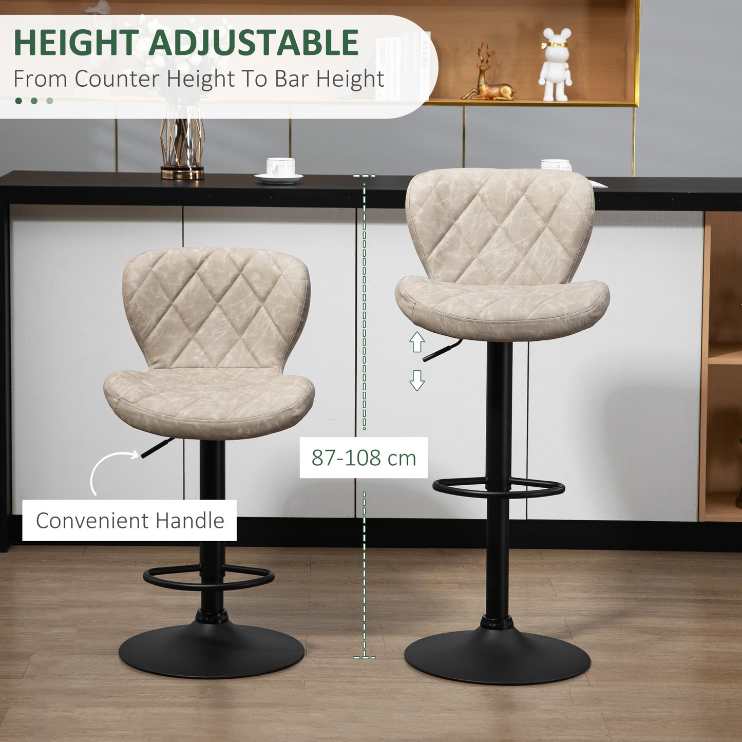 HOMCOM Adjustable Height Bar Stools Set of 2, Swivel Barstools with Backrest and Footrest, Steel Frame Diamond Pattern PU, Kitchen Counter Light Grey