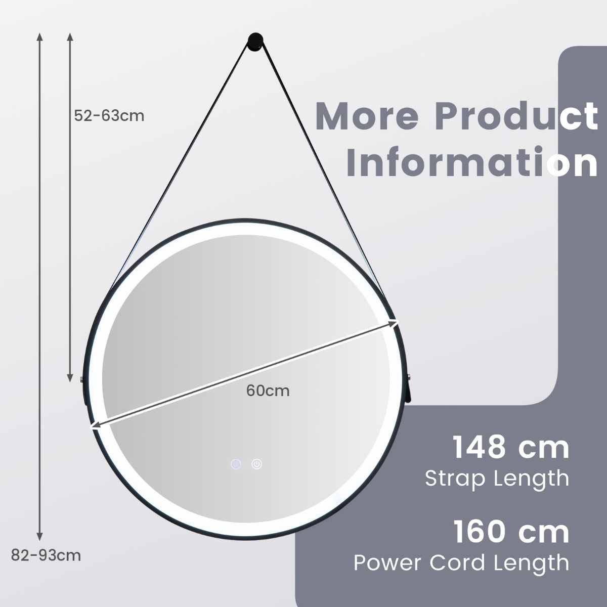 60 cm Round LED Bathroom Mirror with Leather Strap