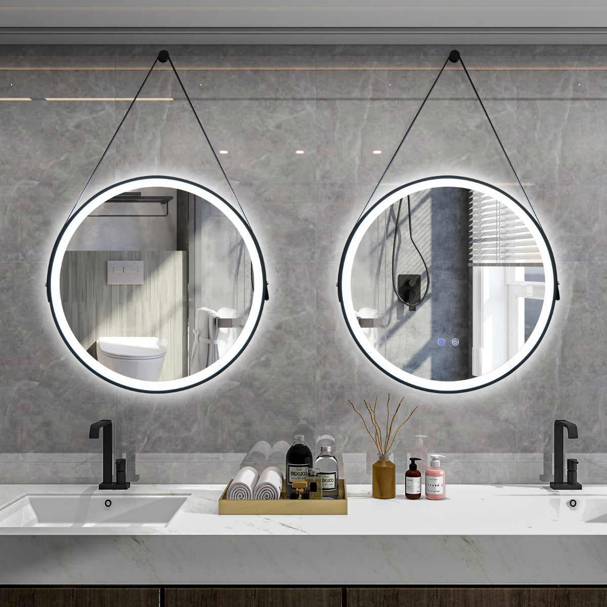 60 cm Round LED Bathroom Mirror with Leather Strap