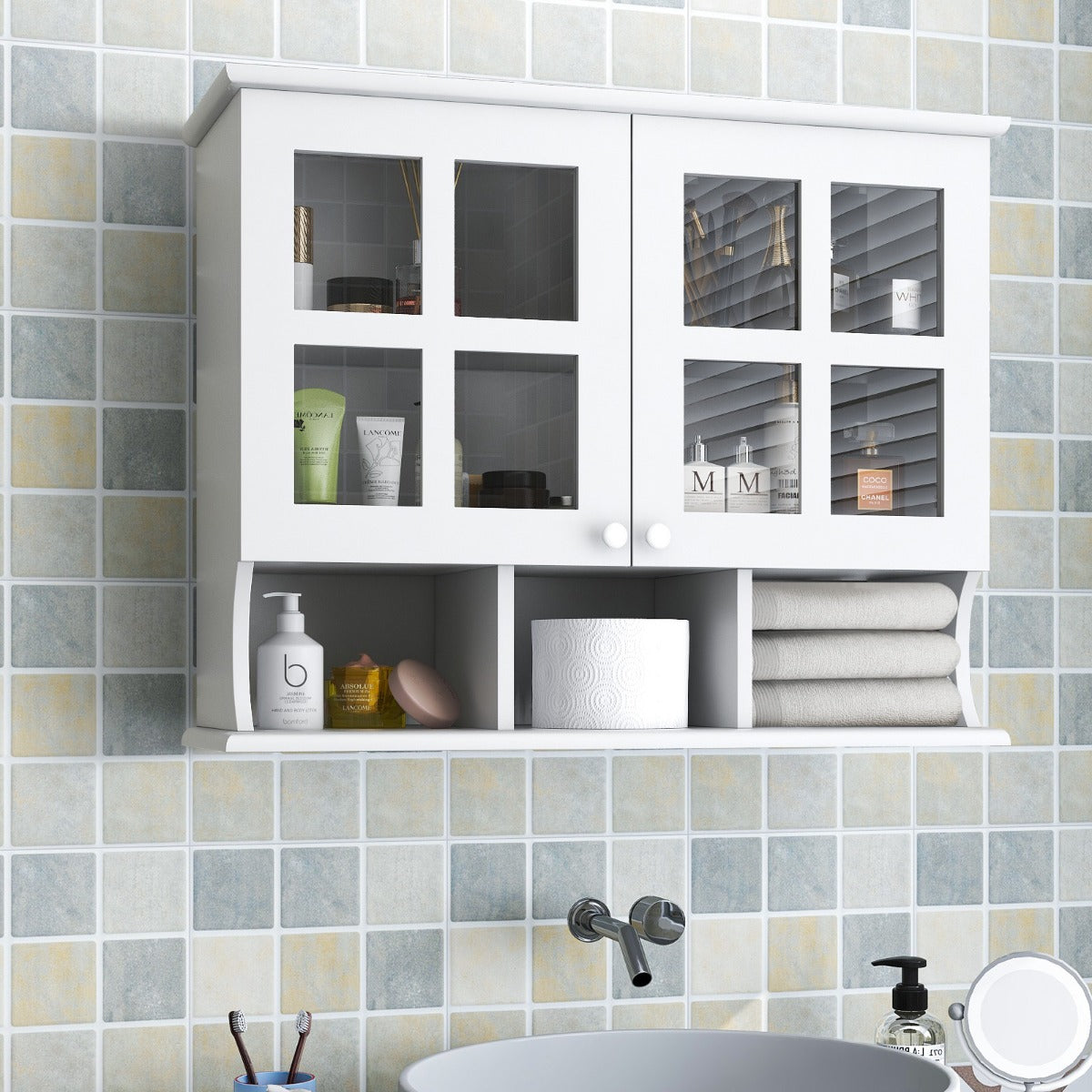 Modern Storage Cabinet with Shelves and Open Compartments for Bathroom Kitchen-White