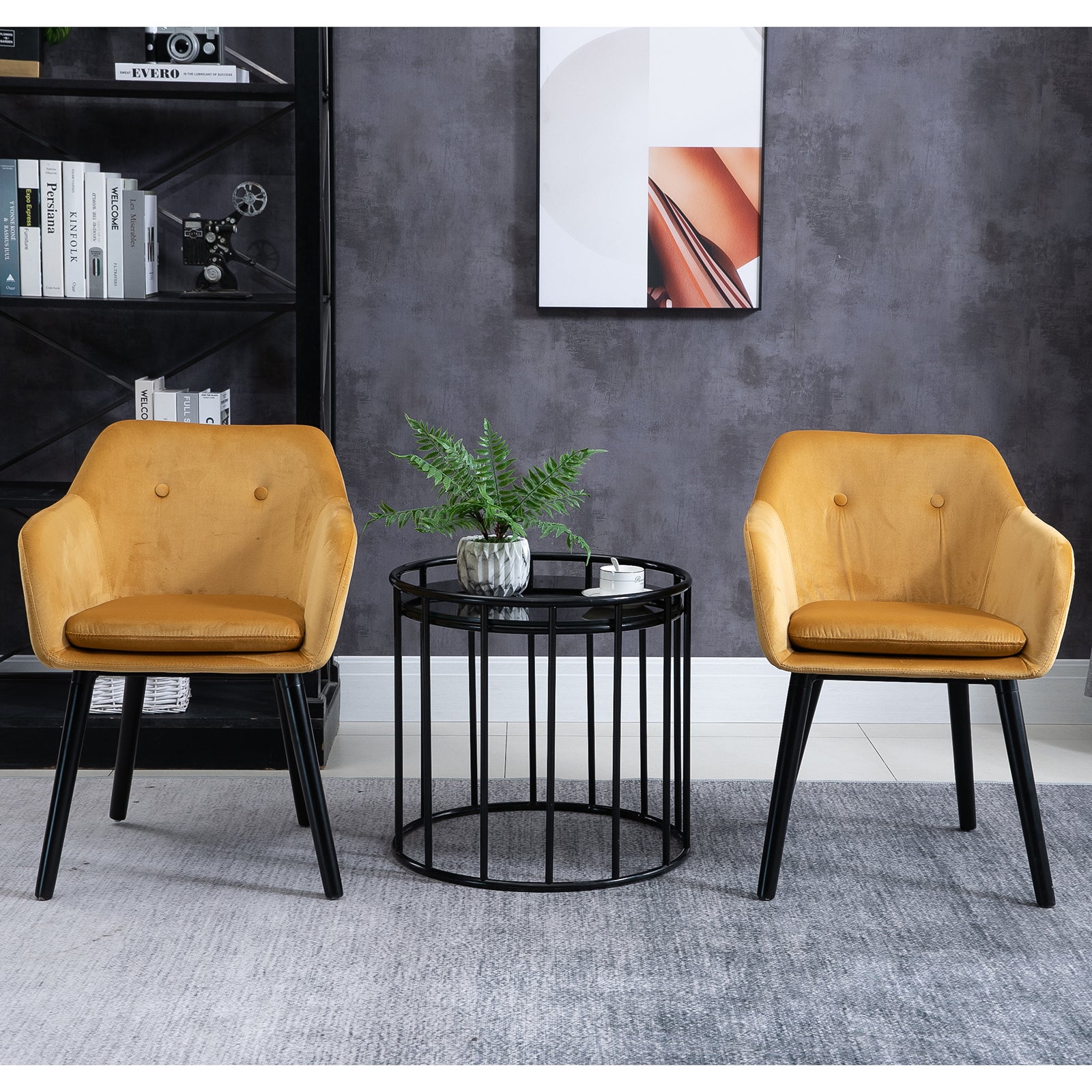 HOMCOM Dining Chairs Set of 2 Modern Upholstered Fabric Velvet-Touch Leisure Chairs with Backrest and Armrests, Lounge Reception Chairs Yellow