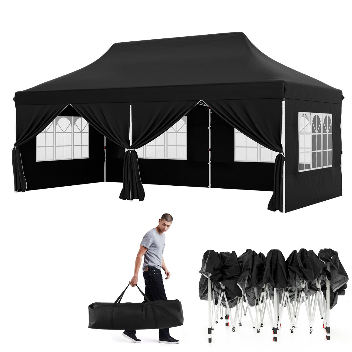 Pop-up Canopy Tent with 6 Detachable Sidewalls and Carrying Bag-Black