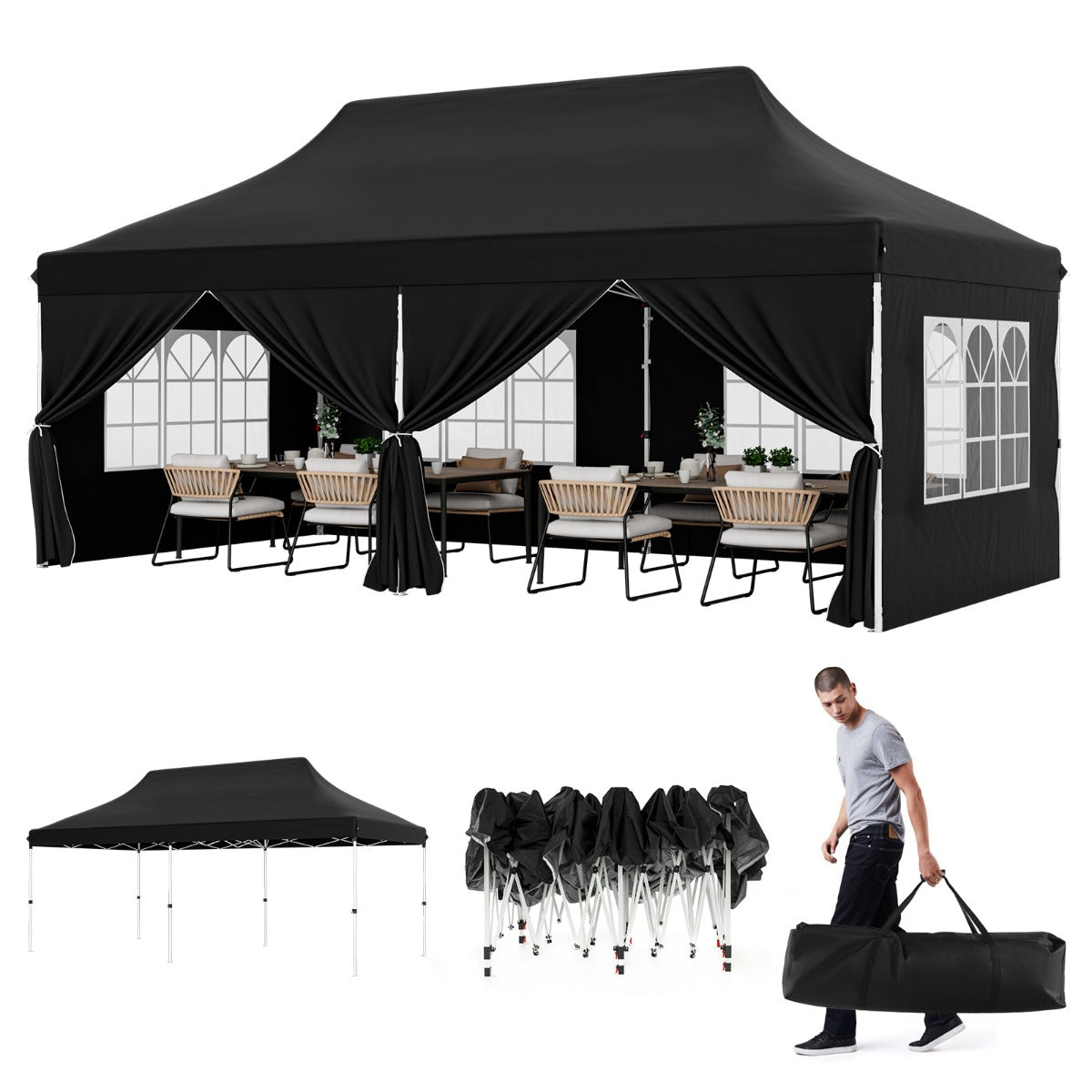 Pop-up Canopy Tent with 6 Detachable Sidewalls and Carrying Bag-Black